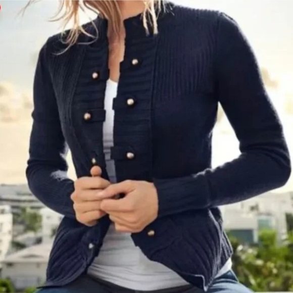 VENUS Navy Military-Style Open Front Sweater Cardigan Women's Size Small - Picture 1 of 11